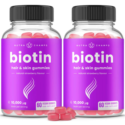 NutraChamps (2 Pack) Biotin Gummies 10,000mcg [High Potency] for Healthy Hair, Skin & Nails for Adults & Kids - 5000mcg in Each Gummy Vitamin - Vegan, Non-GMO - Maple Wellness Supplements