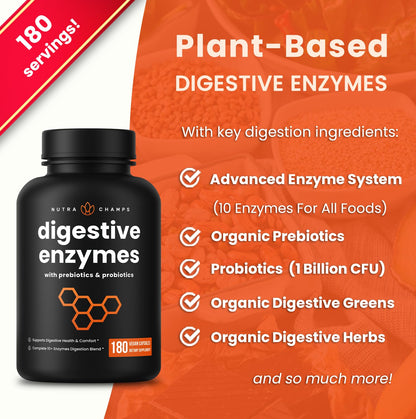 NutraChamps Digestive Enzymes with Probiotics and Prebiotics for Women & Men - 180 Vegan Capsules with Bromelain for Bloating & Optimal Gut Health - Maple Wellness Supplements