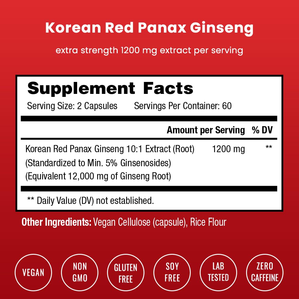 NutraChamps Korean Red Panax Ginseng Capsules | Extra Strength Ginsenosides for Energy, Focus, Performance, Vitality & Immune Support - Maple Wellness Supplements