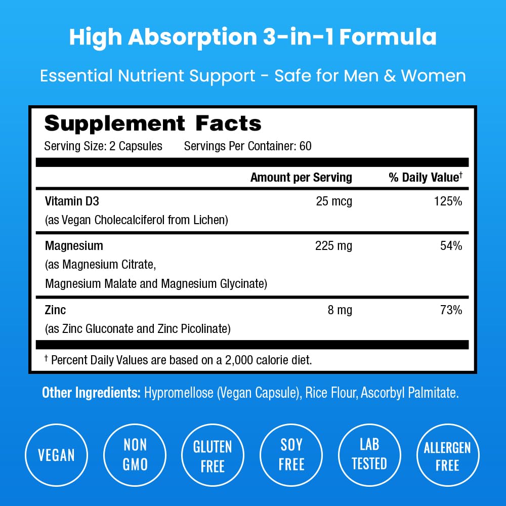 NutraChamps Magnesium Zinc & Vitamin D3 Supplement - Most Bioavailable Forms; Magnesium Glycinate, Malate, Citrate - Bone, Muscle & Heart Health, - Maple Wellness Supplements