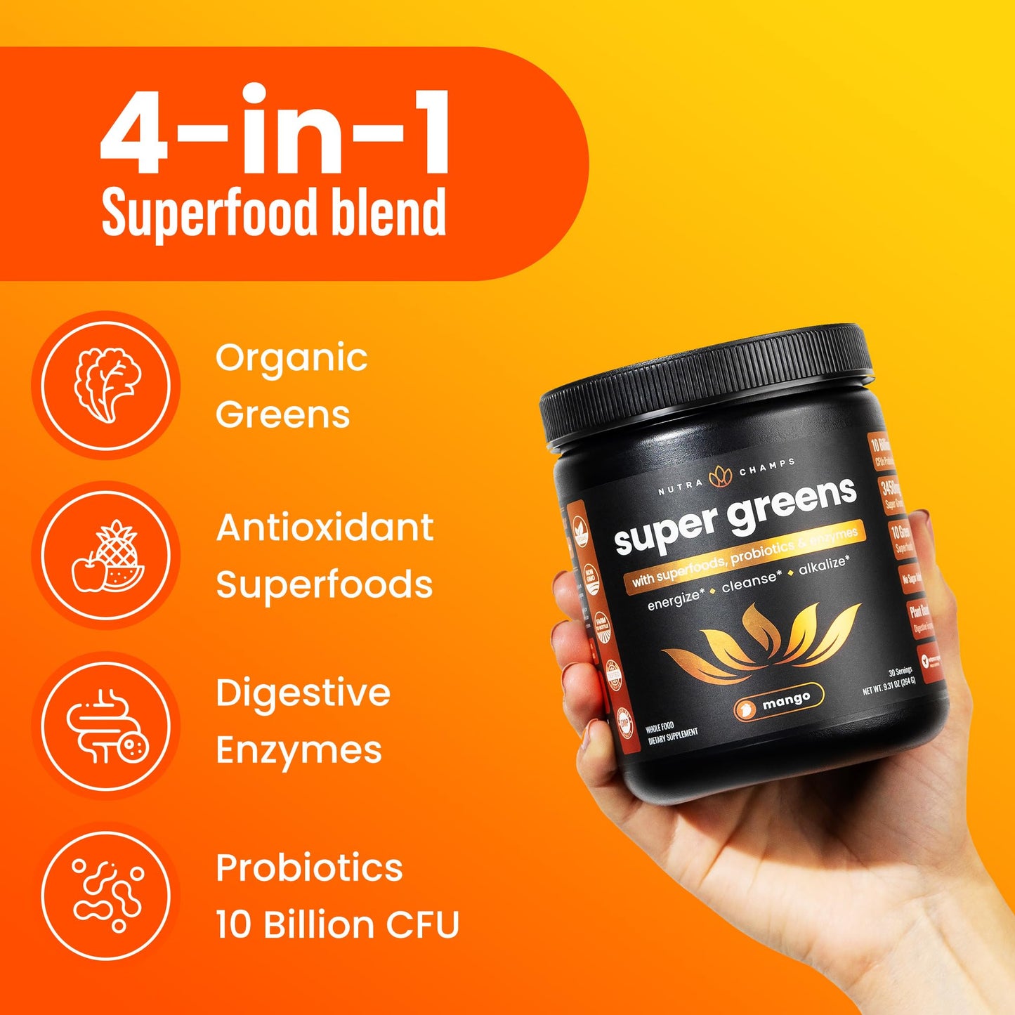 NutraChamps Super Greens Powder Premium Superfood | 20+ Organic Green Veggie Whole Foods | Wheat Grass, Spirulina, Chlorella | Antioxidant, Digestive Enzyme - Maple Wellness Supplements