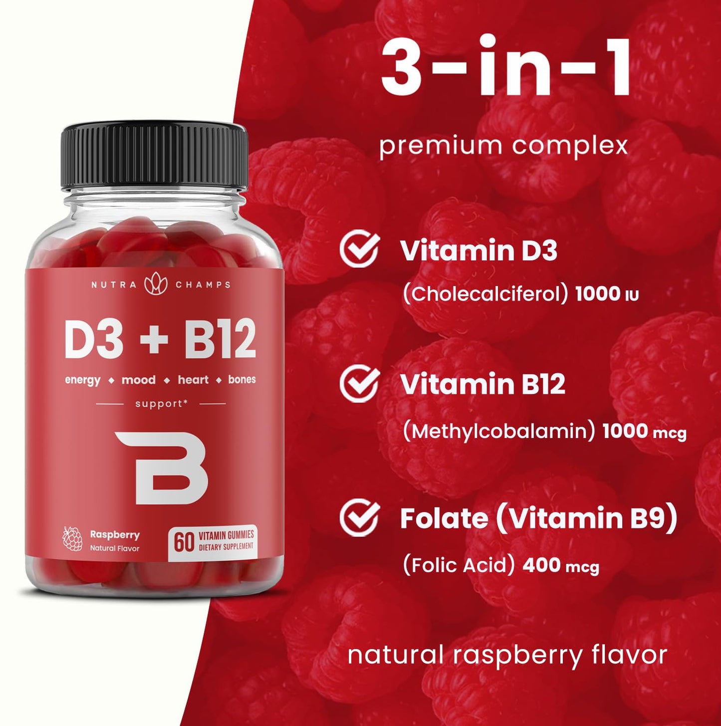 NutraChamps Vitamin D3 & B12, Methyl B12 Gummies for Adults & Kids, Enhanced with Vitamin D 3 & B9 Vitamin Folate, Natural Energy, Mood - Maple Wellness Supplements