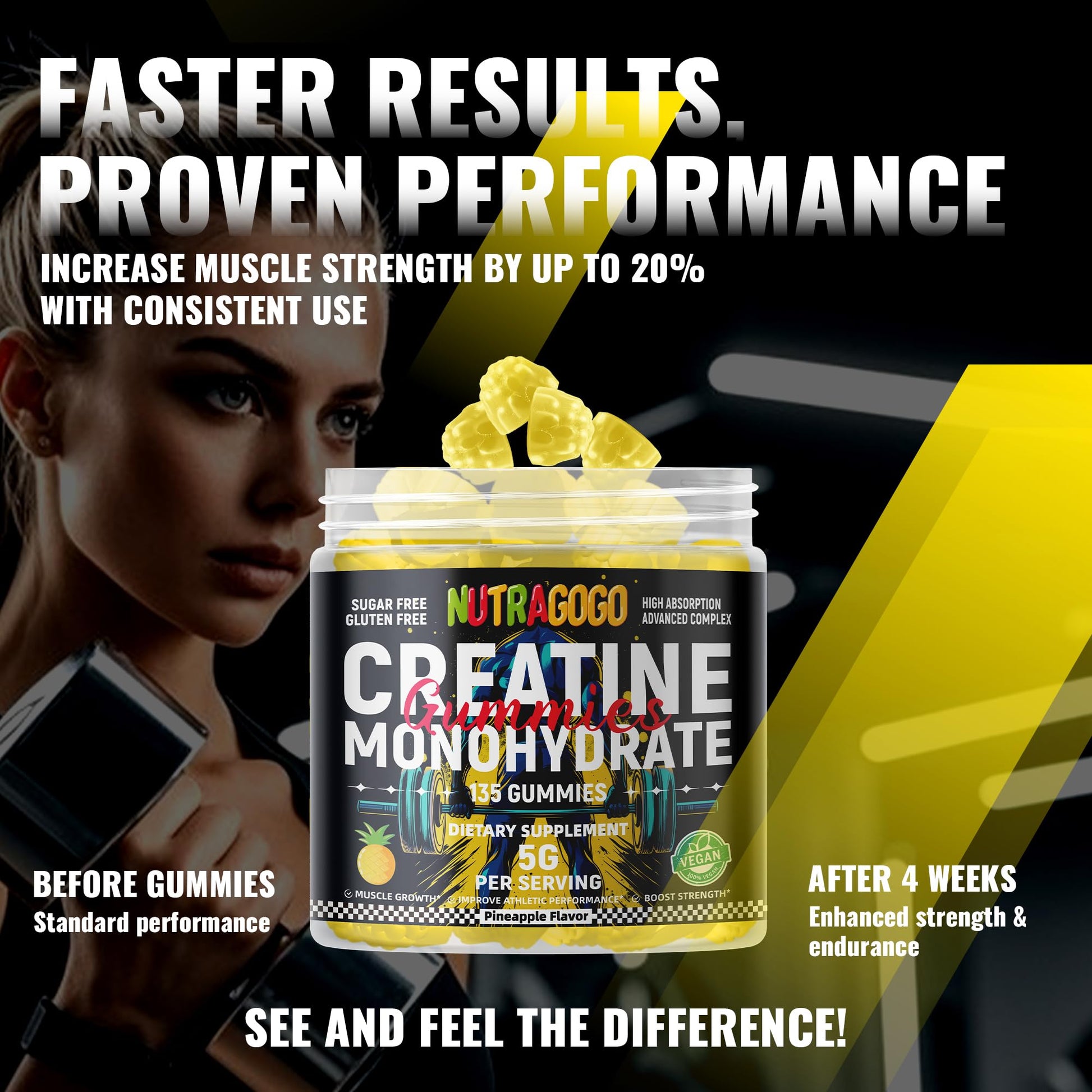 NUTRAGOGO NSF Certified Creatine Gummy - Creatine Monohydrate Gummies for Men & Women-5g of Creatine Monohydrate per Serving - Sugar Free,Vegan, Pineapple Electrolyte Chews, 135 Count - Maple Wellness Supplements