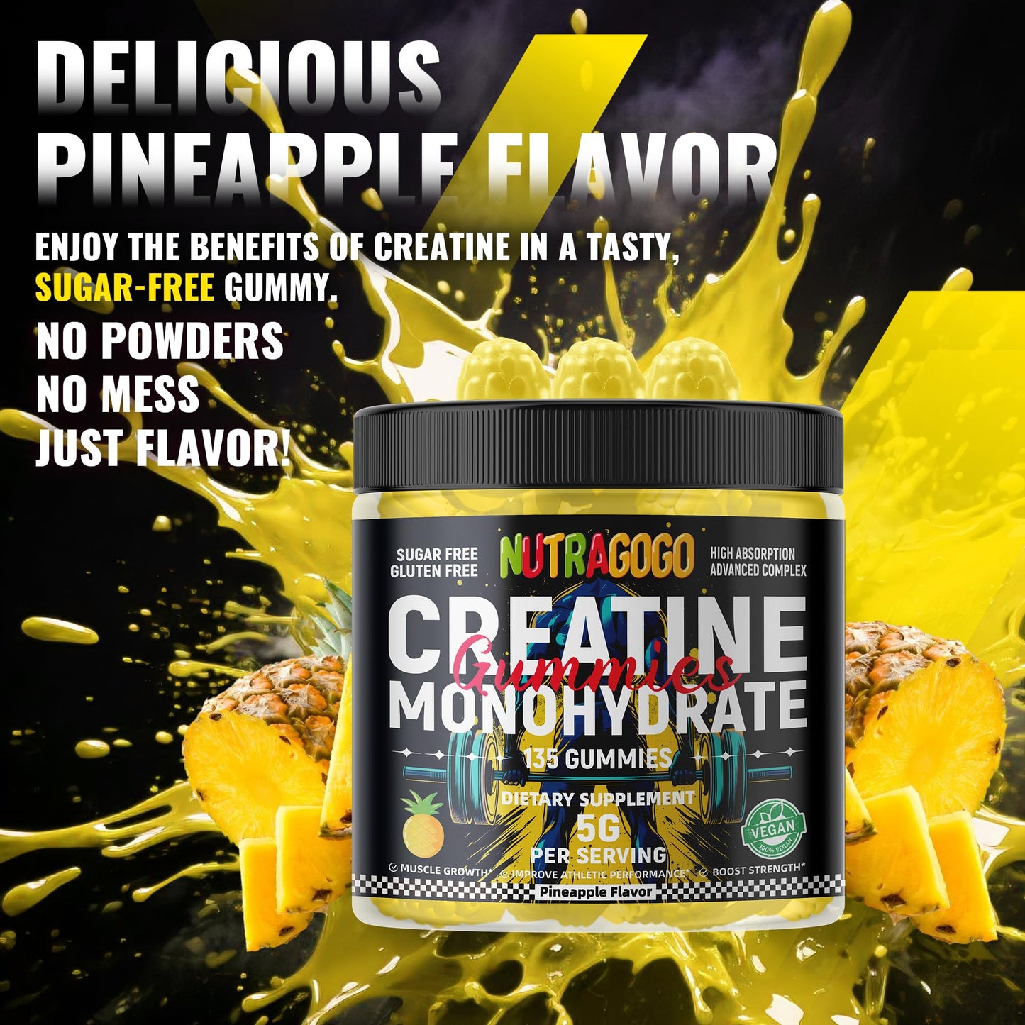 NUTRAGOGO NSF Certified Creatine Gummy - Creatine Monohydrate Gummies for Men & Women-5g of Creatine Monohydrate per Serving - Sugar Free,Vegan, Pineapple Electrolyte Chews, 135 Count - Maple Wellness Supplements