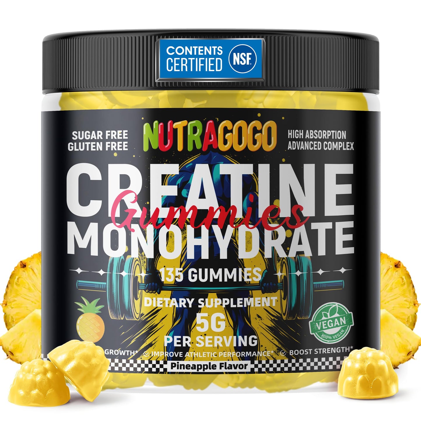 NUTRAGOGO NSF Certified Creatine Gummy - Creatine Monohydrate Gummies for Men & Women-5g of Creatine Monohydrate per Serving - Sugar Free,Vegan, Pineapple Electrolyte Chews, 135 Count - Maple Wellness Supplements