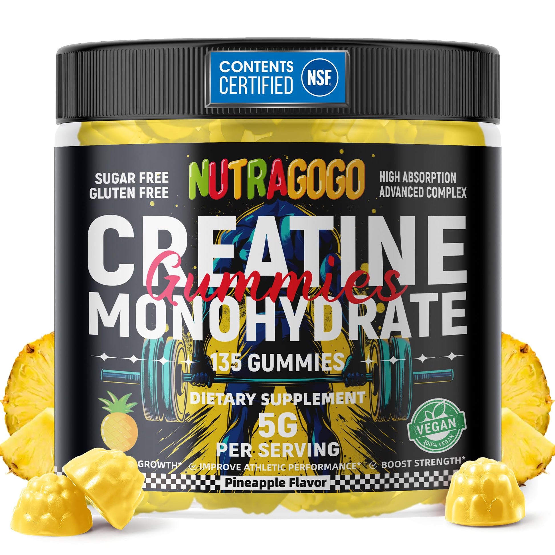 NUTRAGOGO NSF Certified Creatine Gummy - Creatine Monohydrate Gummies for Men & Women-5g of Creatine Monohydrate per Serving - Sugar Free,Vegan, Pineapple Electrolyte Chews, 135 Count - Maple Wellness Supplements