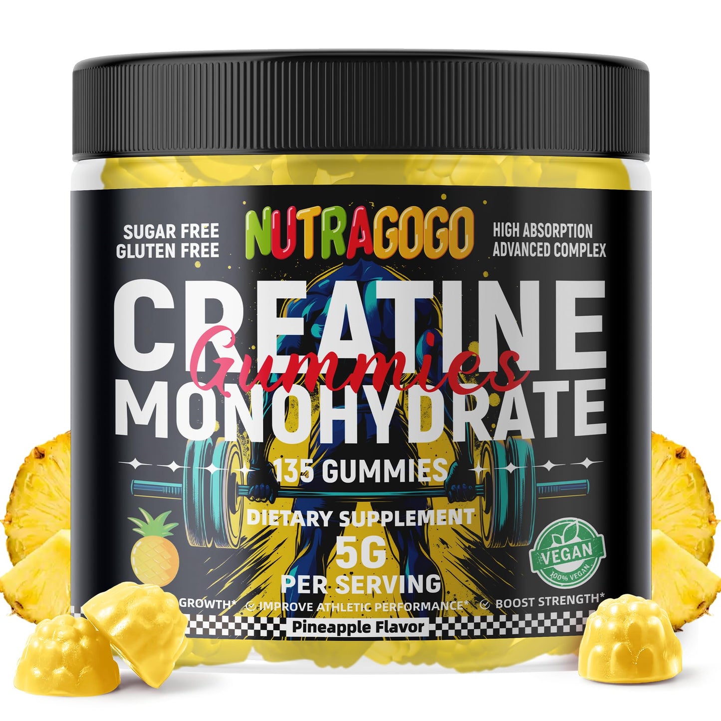 NUTRAGOGO NSF Certified Creatine Gummy - Creatine Monohydrate Gummies for Men & Women-5g of Creatine Monohydrate per Serving - Sugar Free,Vegan, Pineapple Electrolyte Chews, 135 Count - Maple Wellness Supplements