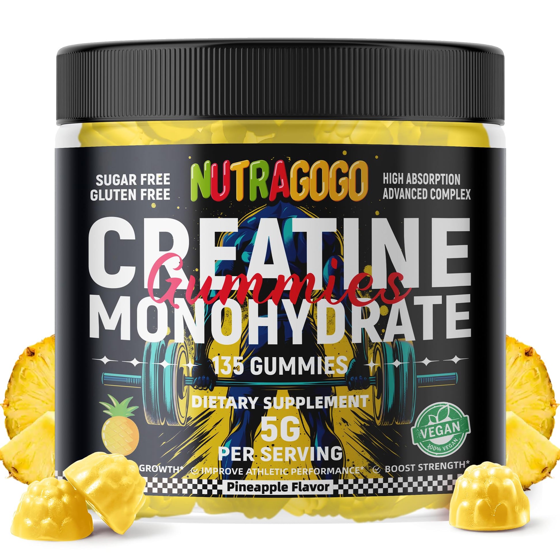 NUTRAGOGO NSF Certified Creatine Gummy - Creatine Monohydrate Gummies for Men & Women-5g of Creatine Monohydrate per Serving - Sugar Free,Vegan, Pineapple Electrolyte Chews, 135 Count - Maple Wellness Supplements