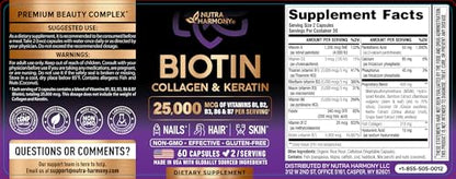 NUTRAHARMONY Biotin | Collagen | Hyaluronic Acid | Keratin - Support Normal Hair Growth Cycle - Skin & Nails - 25000mcg Vitamins B1, B2, B3, B6 & B7 - Maple Wellness Supplements