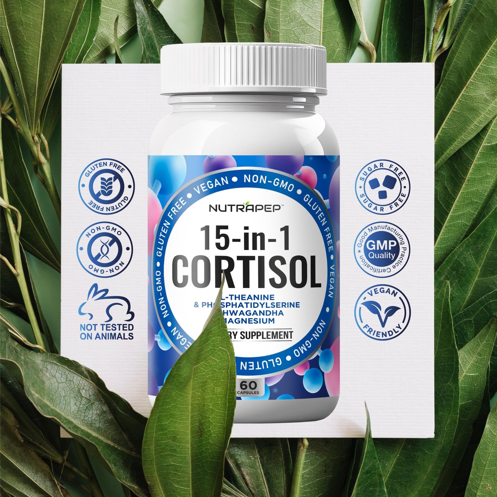 NutraPep Cortisol Detox Supplement Men Women - Reduce Lower Cortisol High Cortisol Reducer Blocker Control - Supports Stress Mood Rest Adrenal Calm Relax with Ashwagandha L-Theanine Magnesium - Maple Wellness Supplements