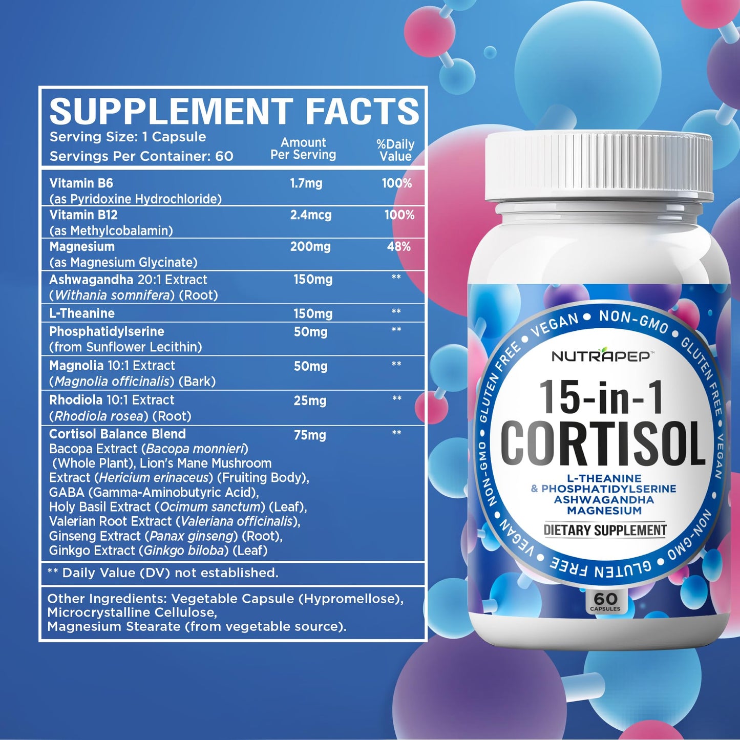 NutraPep Cortisol Detox Supplement Men Women - Reduce Lower Cortisol High Cortisol Reducer Blocker Control - Supports Stress Mood Rest Adrenal Calm Relax with Ashwagandha L-Theanine Magnesium - Maple Wellness Supplements