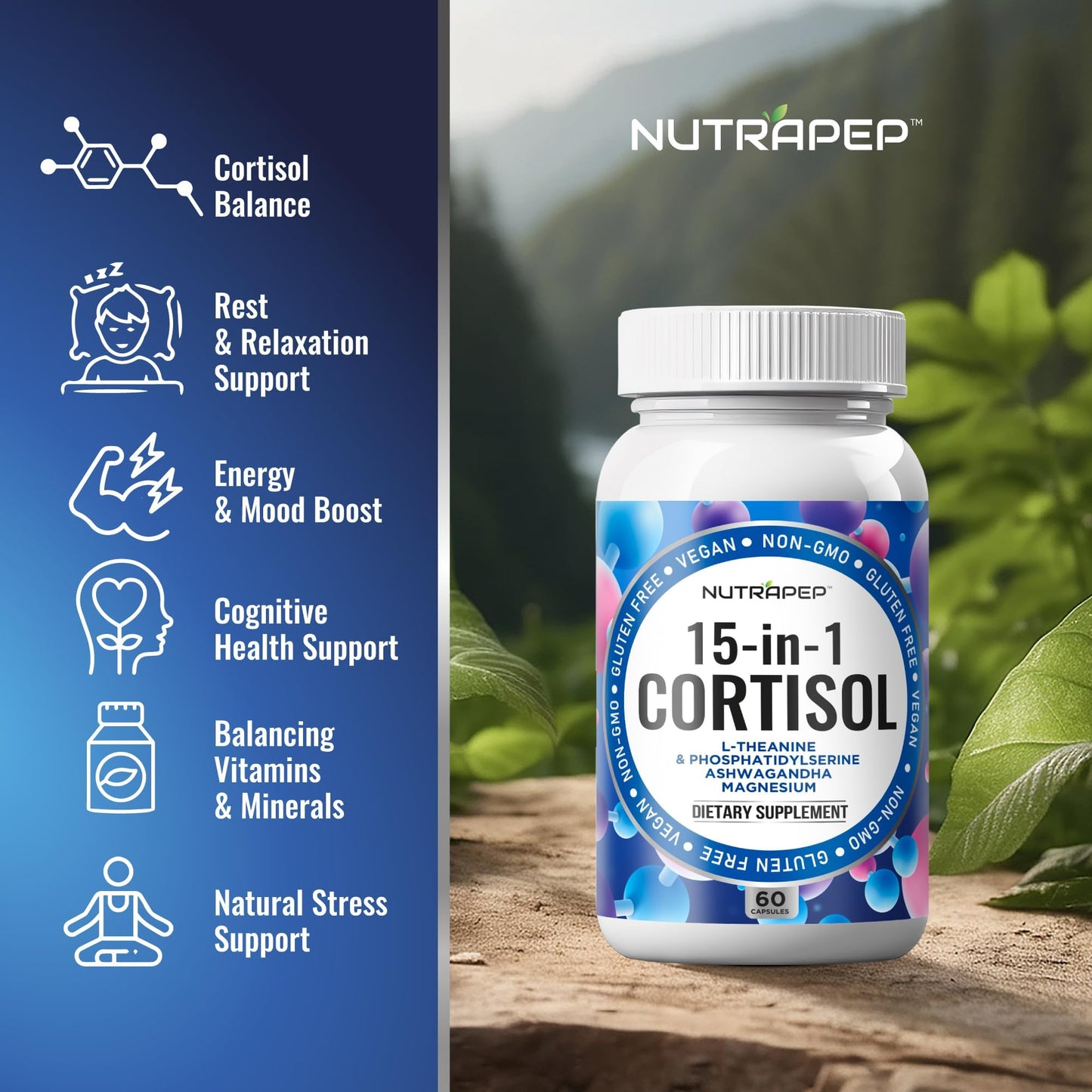 NutraPep Cortisol Detox Supplement Men Women - Reduce Lower Cortisol High Cortisol Reducer Blocker Control - Supports Stress Mood Rest Adrenal Calm Relax with Ashwagandha L-Theanine Magnesium - Maple Wellness Supplements