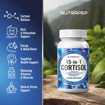 NutraPep Cortisol Detox Supplement Men Women - Reduce Lower Cortisol High Cortisol Reducer Blocker Control - Supports Stress Mood Rest Adrenal Calm Relax with Ashwagandha L-Theanine Magnesium - Maple Wellness Supplements