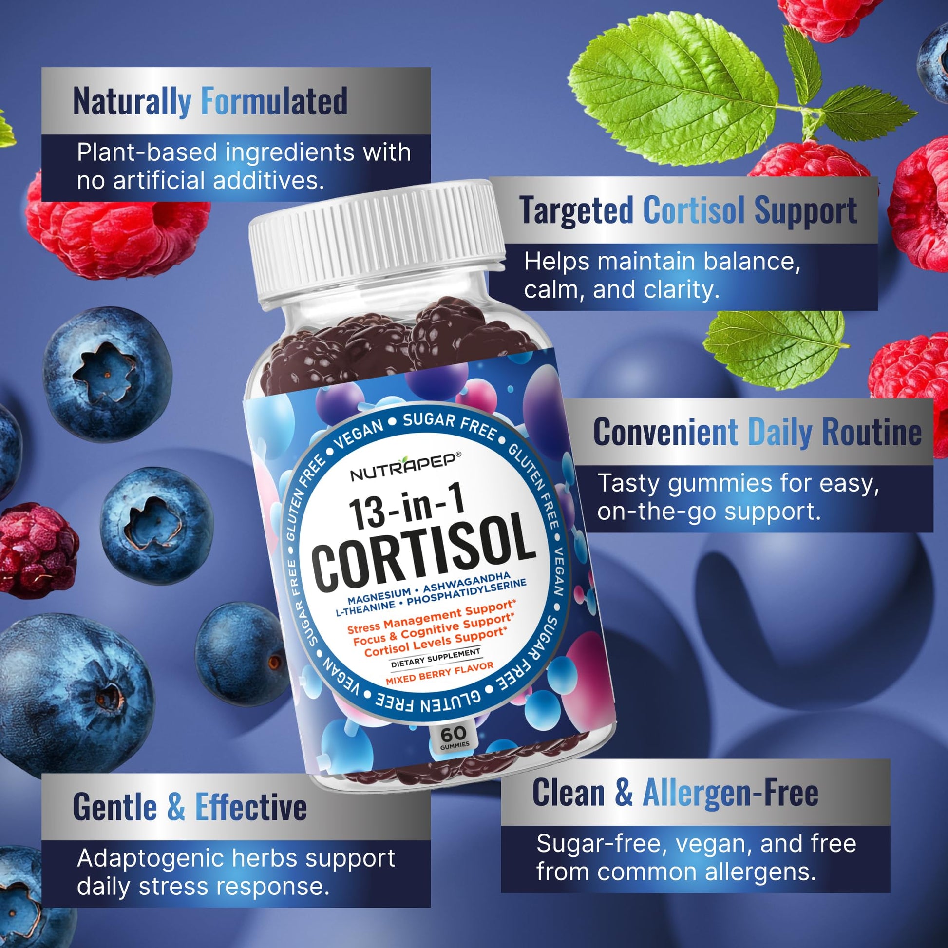 NutraPep Cortisol Gummies for Women Men - 13-in-1 High Cortisol Reducer with Ashwagandha Magnesium L-theanine Rhodiola Rosea - Daily Cortisol Detox Manager for Stress Focus Support - Vegan Sugar Free - Maple Wellness Supplements