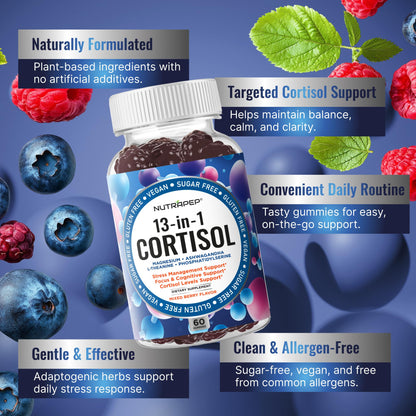 NutraPep Cortisol Gummies for Women Men - 13-in-1 High Cortisol Reducer with Ashwagandha Magnesium L-theanine Rhodiola Rosea - Daily Cortisol Detox Manager for Stress Focus Support - Vegan Sugar Free - Maple Wellness Supplements