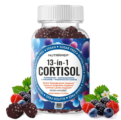 NutraPep Cortisol Gummies for Women Men - 13-in-1 High Cortisol Reducer with Ashwagandha Magnesium L-theanine Rhodiola Rosea - Daily Cortisol Detox Manager for Stress Focus Support - Vegan Sugar Free - Maple Wellness Supplements