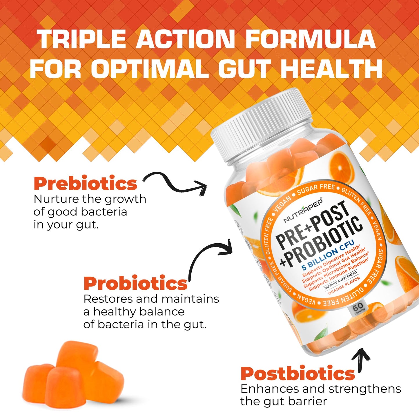 NutraPep Prebiotic Probiotic & Postbiotic Gummies for Women Men & Kids Children - High Potency 5 Billion CFU - Sugar-Free & Gluten 60 Count (Pack of 2) - Maple Wellness Supplements