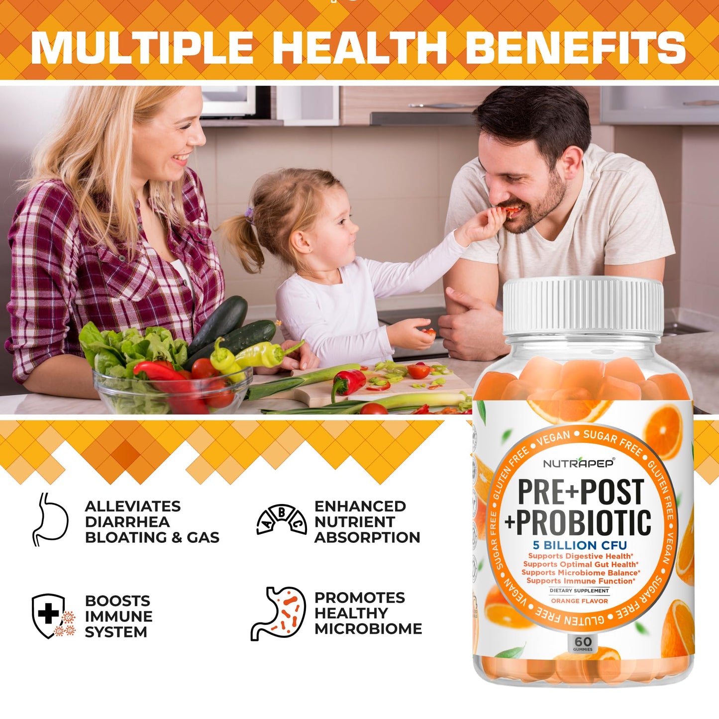 NutraPep Prebiotic Probiotic & Postbiotic Gummies for Women Men & Kids Children - High Potency 5 Billion CFU - Sugar-Free & Gluten 60 Count (Pack of 2) - Maple Wellness Supplements