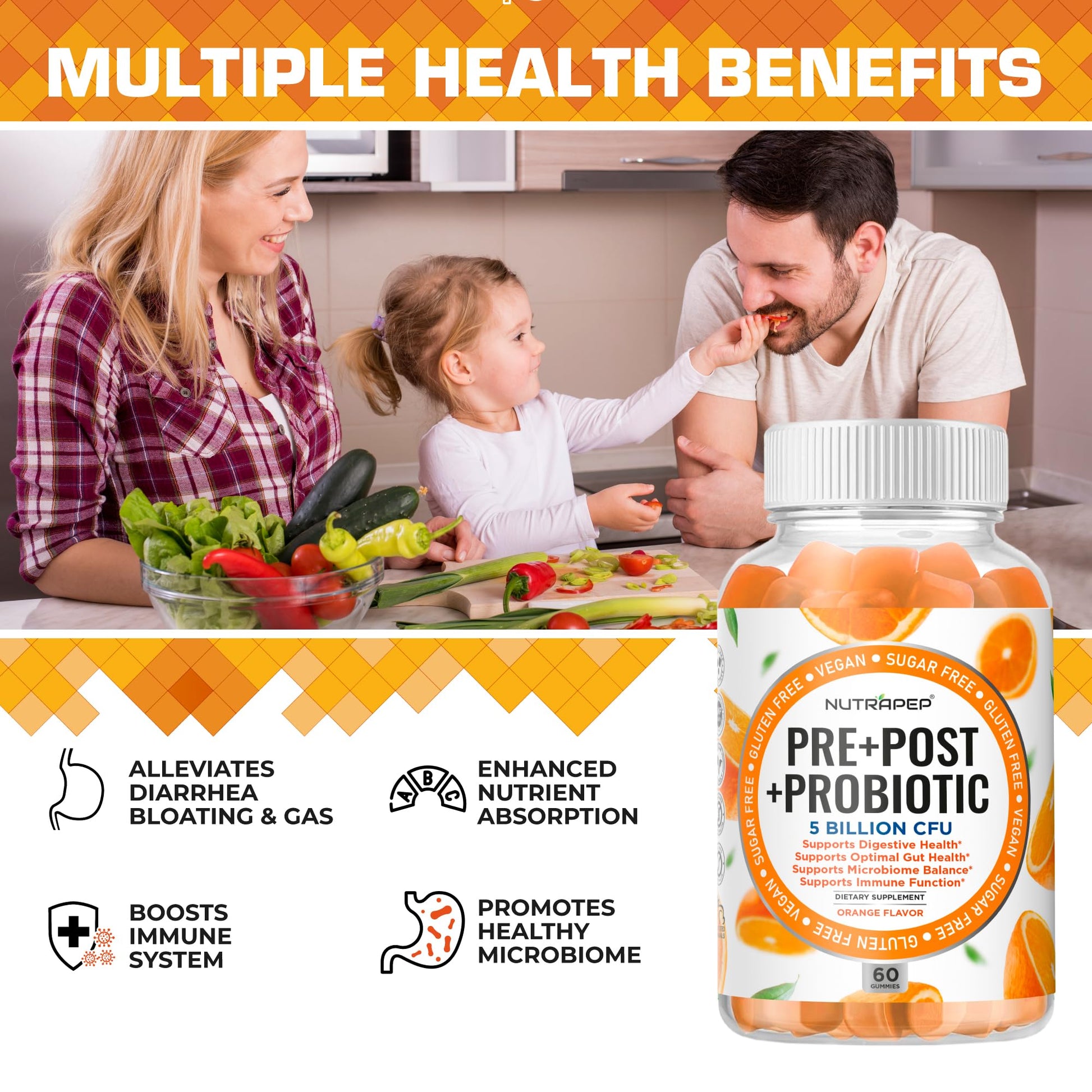 NutraPep Prebiotic Probiotic & Postbiotic Gummies for Women Men & Kids Children - High Potency 5 Billion CFU - Sugar-Free & Gluten 60 Count (Pack of 2) - Maple Wellness Supplements