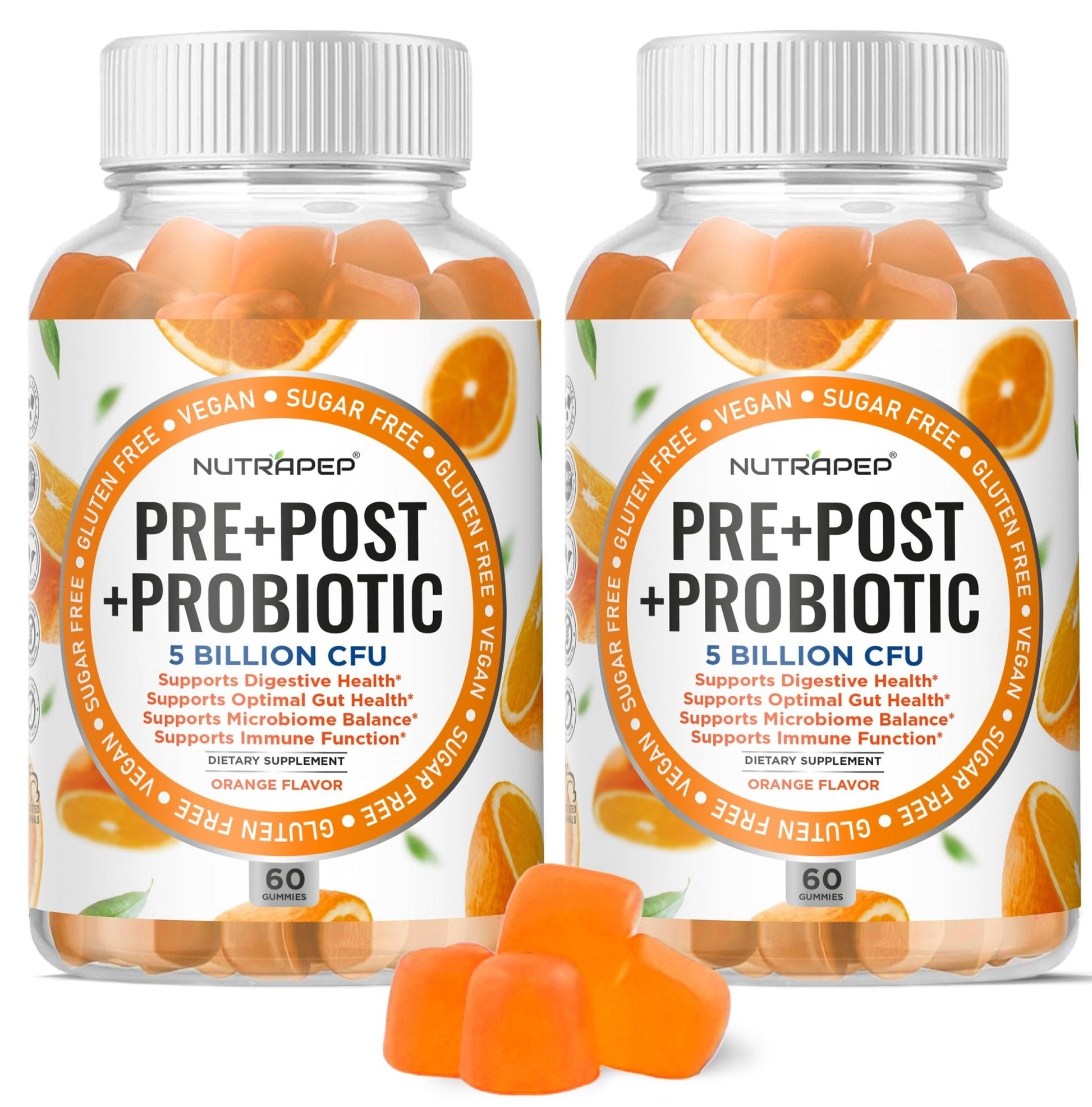 NutraPep Prebiotic Probiotic & Postbiotic Gummies for Women Men & Kids Children - High Potency 5 Billion CFU - Sugar-Free & Gluten 60 Count (Pack of 2) - Maple Wellness Supplements