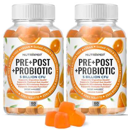 NutraPep Prebiotic Probiotic & Postbiotic Gummies for Women Men & Kids Children - High Potency 5 Billion CFU - Sugar-Free & Gluten 60 Count (Pack of 2) - Maple Wellness Supplements