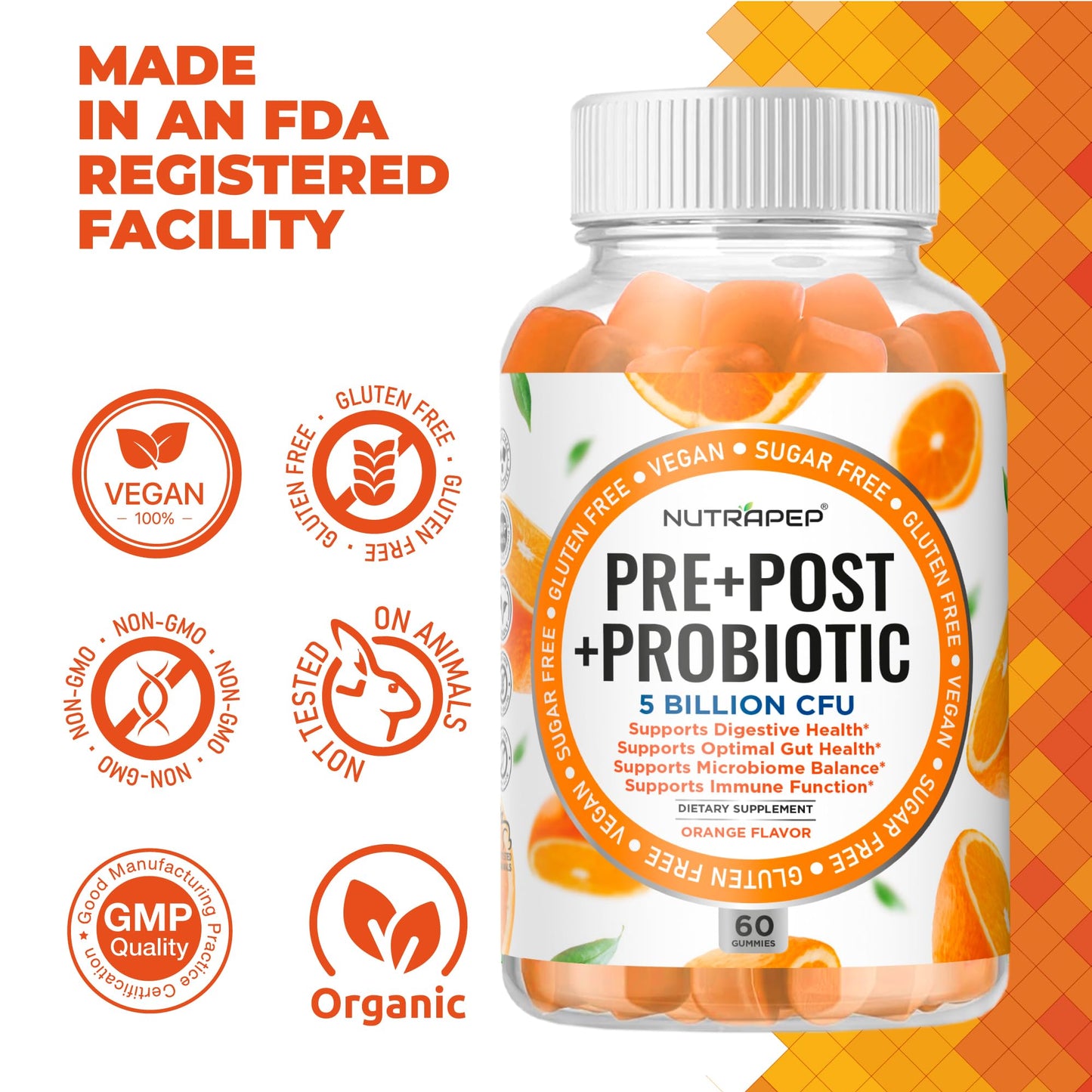 NutraPep Prebiotic Probiotic & Postbiotic Gummies for Women Men & Kids Children - High Potency 5 Billion CFU - Sugar-Free & Gluten 60 Count (Pack of 2) - Maple Wellness Supplements