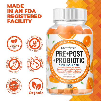 NutraPep Prebiotic Probiotic & Postbiotic Gummies for Women Men & Kids Children - High Potency 5 Billion CFU - Sugar-Free & Gluten 60 Count (Pack of 2) - Maple Wellness Supplements