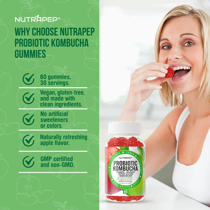 NutraPep Probiotic Kombucha Gummies - Women Men Probiotic Prebiotic Probiotic Blend for Gut Health Bloating Metabolism Support with Slippery Elm Bark Dandelion Root - Vegan Gluten Free Apple Flavor - Maple Wellness Supplements