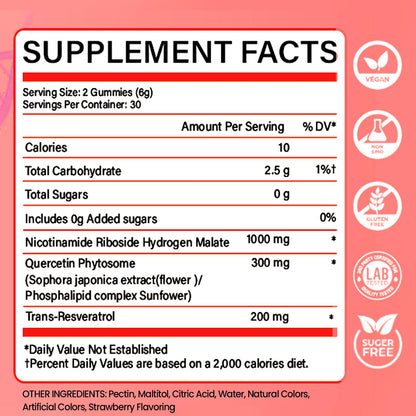 NUTRATASTE HEALTHIER CHOICE RICHER TASTE NAD⁺ Gummies Supplement for Anti-Aging, Energy & Focus Boost | Resveratrol, Nicotinamide Riboside | Strawberry Flavor, Vegan, Sugar-Free,60 Count (Pack of 1) - Maple Wellness Supplements
