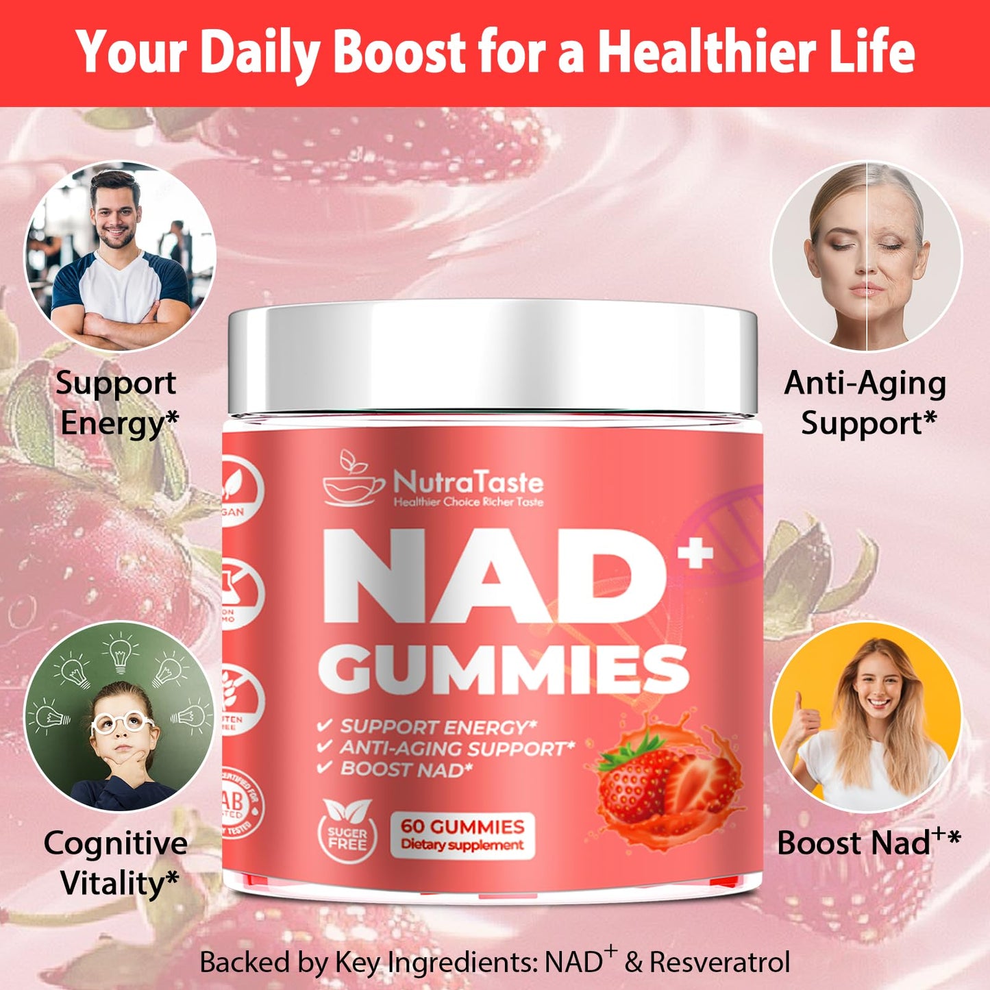 NUTRATASTE HEALTHIER CHOICE RICHER TASTE NAD⁺ Gummies Supplement for Anti-Aging, Energy & Focus Boost | Resveratrol, Nicotinamide Riboside | Strawberry Flavor, Vegan, Sugar-Free,60 Count (Pack of 1) - Maple Wellness Supplements