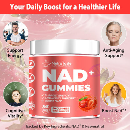 NUTRATASTE HEALTHIER CHOICE RICHER TASTE NAD⁺ Gummies Supplement for Anti-Aging, Energy & Focus Boost | Resveratrol, Nicotinamide Riboside | Strawberry Flavor, Vegan, Sugar-Free,60 Count (Pack of 1) - Maple Wellness Supplements