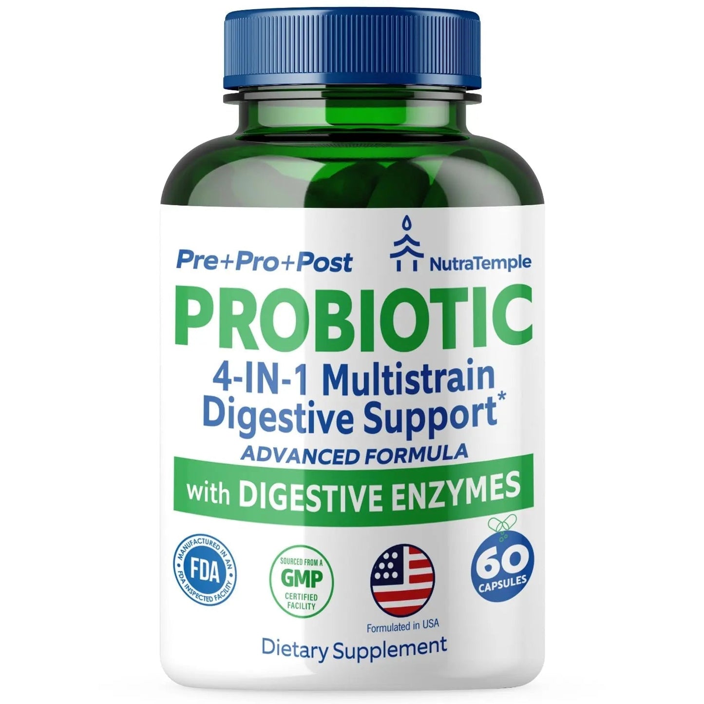 NUTRATEMPLE 4 in 1 Pre Post Probiotics & Digestive Enzymes for Women & Men - Digestive Health, Gut & Immune Support for Occasional Constipation, Diarrhea, Gas & Bloating – 60 Veggie Capsules - Maple Wellness Supplements