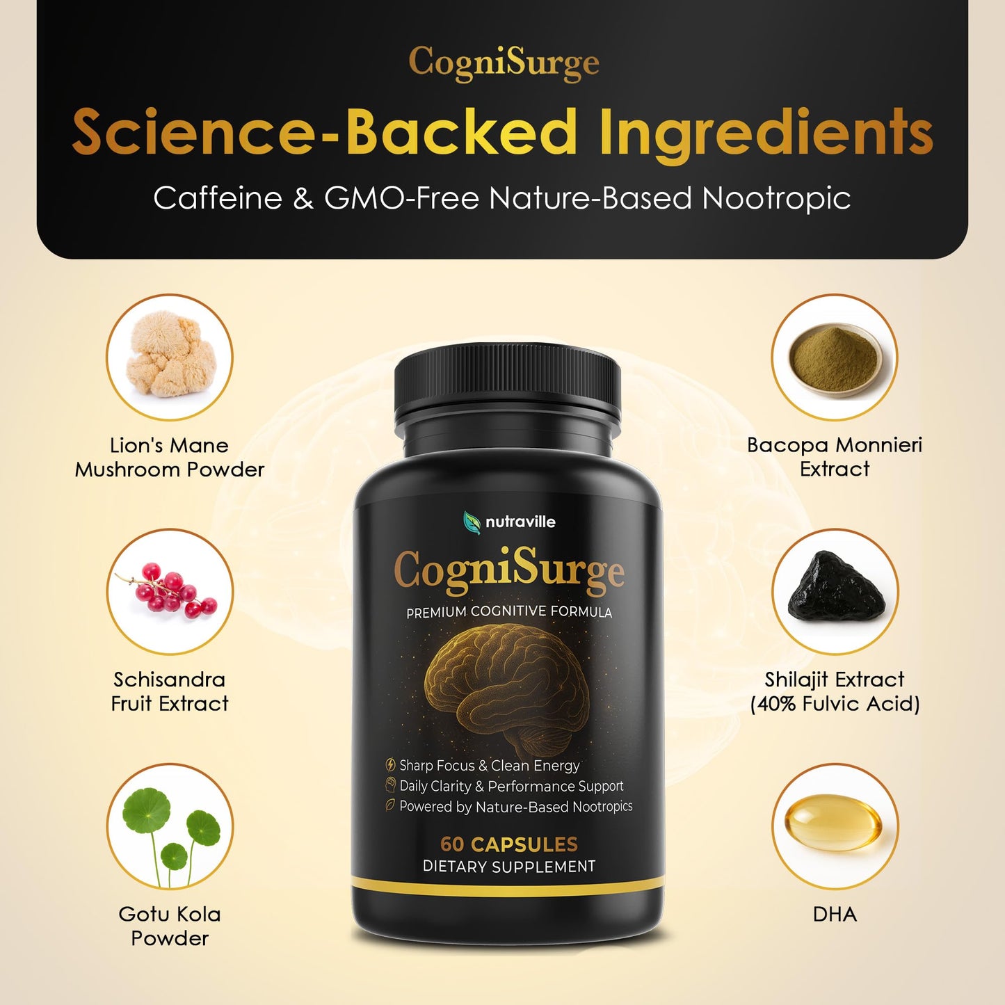 Nutraville CogniSurge Nootropics Brain Support Supplement for Memory and Focus - Nature-Powered Lion's Mane Supplement Capsules with Shilajit - No Caffeine or Stimulants - 30 Servings - Maple Wellness Supplements