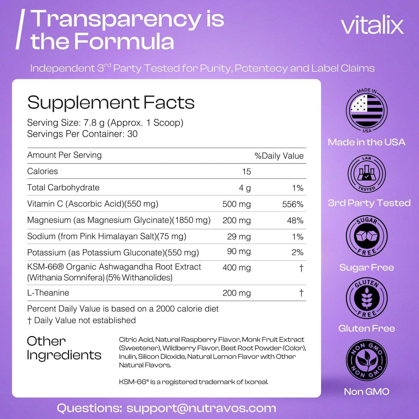 NutraVōs Vitalix – Cortisol Reducer & Adaptogen Drink Mix with Ashwagandha KSM 66, Magnesium Glycinate 200mg, L-Theanine 200mg, Vitamin C 500mg & Electrolytes – Raspberry Lemonade – 30 Servings - Maple Wellness Supplements