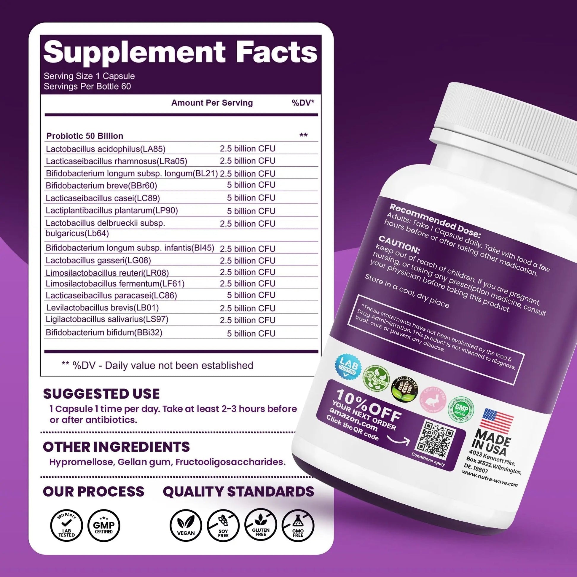 Nutrawave 50 Billion Probiotics for Women & Men, 15 Strains Active Culture. Relieves Bloating & Constipation, Improved Digestion & Gut Health Supplement, Vegan. 60 Powerful Small Capsules. - Maple Wellness Supplements