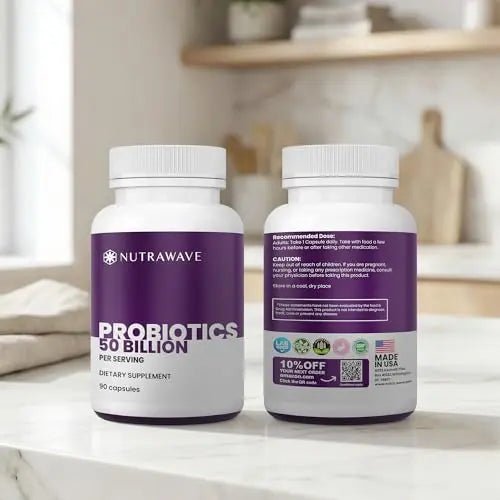 Nutrawave 50 Billion Probiotics for Women & Men, 15 Strains Active Culture. Relieves Bloating & Constipation, Improved Digestion & Gut Health Supplement, Vegan. 60 Powerful Small Capsules. - Maple Wellness Supplements