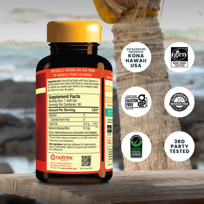 Nutrex Hawaii BioAstin Hawaiian Astaxanthin - 12mg, 90 Softgels - Farm-Direct Premium Antioxidant Supplement to Support Eye, Skin - Maple Wellness Supplements