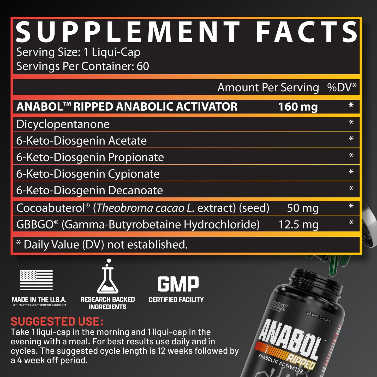 Nutrex Research Anabol Ripped Anabolic Muscle Builder for Men, 2-in-1 Muscle Builder and Shredding Supplement, (60 Count) - Maple Wellness Supplements