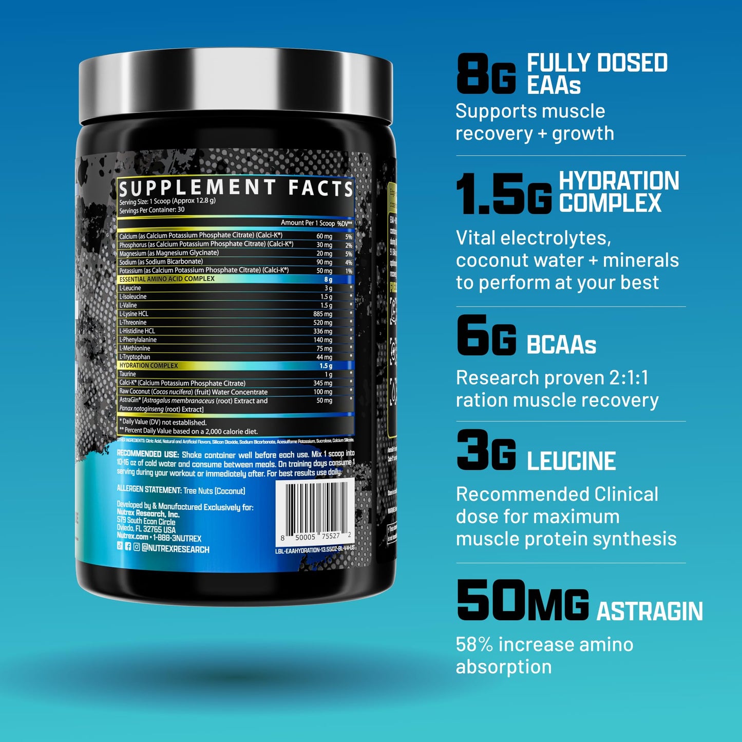 Nutrex Research EAA Hydration | EAAs + BCAA Powder | Muscle Recovery, Strength, Muscle Building, Endurance | 8G Essential Amino Acids + Electrolytes | Blueberry Lemonade 30 Servings - Maple Wellness Supplements