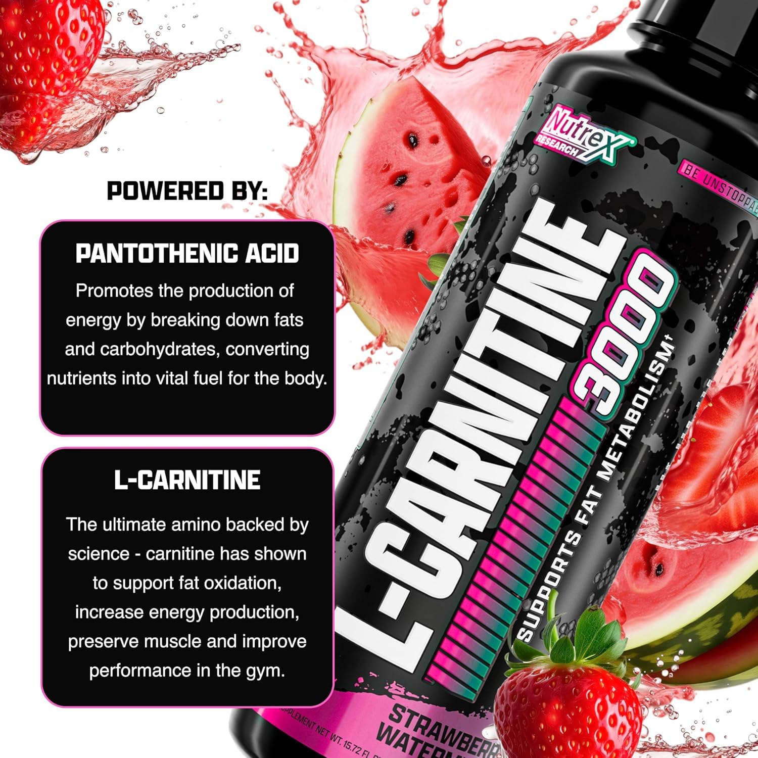 Nutrex Research Liquid Carnitine 3000 | (Strawberry Watermelon) | Premium L Carnitine Liquid, Stimulant Free 31 Servings - Maple Wellness Supplements