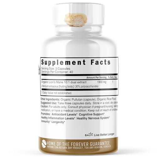Nutri Organic Lions Mane Supplement Capsules - 1900 mg, 10:1 Dual Extraction, 120 Count - Maple Wellness Supplements