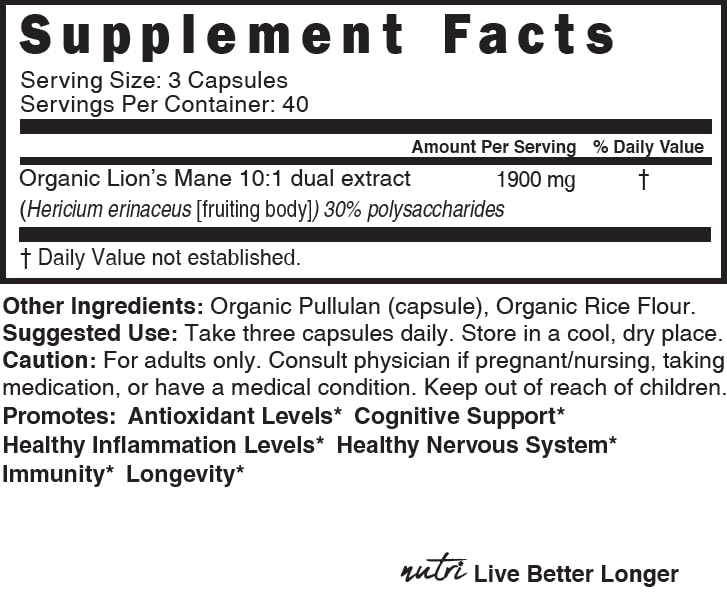 Nutri Organic Lions Mane Supplement Capsules - 1900 mg, 10:1 Dual Extraction, 120 Count - Maple Wellness Supplements