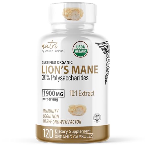 Nutri Organic Lions Mane Supplement Capsules - 1900 mg, 10:1 Dual Extraction, 120 Count - Maple Wellness Supplements