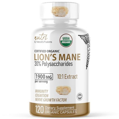 Nutri Organic Lions Mane Supplement Capsules - 1900 mg, 10:1 Dual Extraction, 120 Count - Maple Wellness Supplements