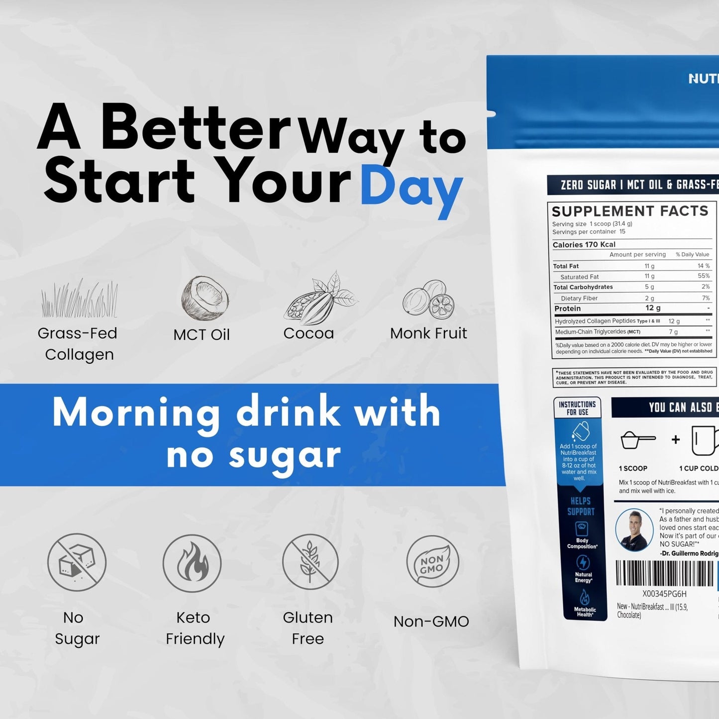 Nutri11 NutriBreakfast by Nutrillermo/Keto Protein Collagen Powder with MCT Oil/MCT Oil Powder/Keto Collagen Peptides with Grass-Fed Bovine - Maple Wellness Supplements