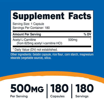 Nutricost Acetyl L-Carnitine (ALCAR) 500mg, 180 Capsules, 180 Servings - Non-GMO and Gluten Free, 1 Capsule per Serving - Maple Wellness Supplements