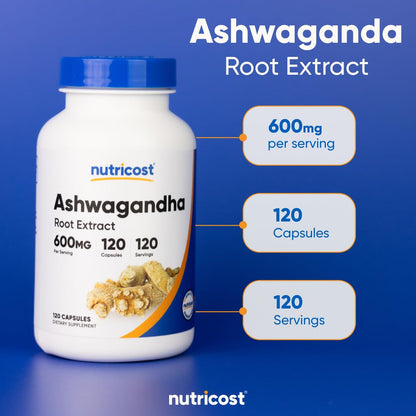 Nutricost Ashwagandha Herbal Supplement 600mg, 120 Capsules - Vegetarian, Non-GMO, Gluten Free, Ashwagandha Root - Maple Wellness Supplements