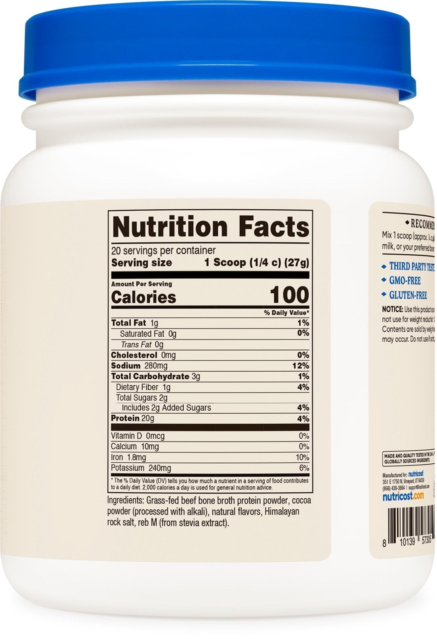 Nutricost Beef Bone Broth Protein Powder Chocolate (20 Servings) - Gluten-Free, GMO-Free - Maple Wellness Supplements