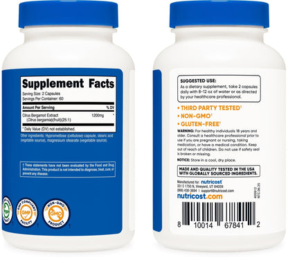 Nutricost Citrus Bergamot Capsules 1,200mg, 120 Capsules - 25:1 Bergamot Extract - 60 Servings, Gluten Free, Vegan & Non-GMO - Maple Wellness Supplements