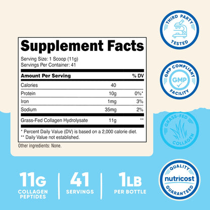 Nutricost Collagen Peptides Powder 1LB (454 G) - Grass Fed Bovine Collagen Hydrolysate (Unflavored) - Maple Wellness Supplements